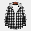 Men's black and white plaid long-sleeve hooded shirt displayed on a wooden hanger - S / Tops / Gray