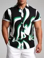Chemise hawaïenne à manches courtes pour homme avec imprimé vagues abstrait vert et noir - 3XL / Hauts / Vague abstraite noir blanc vert (C249)