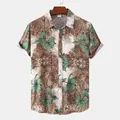 Detailed view of men's short sleeve shirt with green floral and brown paisley patterns - M / Tops / Brown Paisley Large Leaf Style (C162)