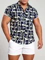 Chemise hawaïenne à manches courtes pour hommes avec imprimé floral bleu et jaune - 3XL / Hauts / Géométrique bleu marine jaune blanc (C267)