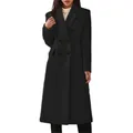 Elegant long black double-breasted wool coat for women with classic notched lapels and pockets - Black