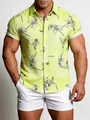 Chemise hawaïenne à fleurs pour hommes vert clair avec coupe cintrée - 3XL / Hauts / Floral vert fruit ligne noire violet (C273)