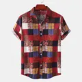 Macro view of the unique red and black patchwork pattern on a men's button-down shirt - M / Tops / Burgundy