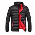 Men's winter puffer jacket with stand collar in black and red contrast lining - Black