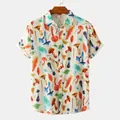 Men's short-sleeve shirt with a vibrant mushroom and leaf print on a white background - Mushroom with Green Leaves Print