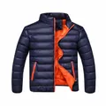 Men's dark blue winter padded puffer jacket with stand collar and contrast orange lining - Dark Blue
