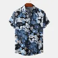 Camisa informal de manga corta para hombre con un vibrante estampado floral azul y negro - 3XL / Tops / Floral Azul y Negro (CS030)