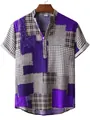 Men's casual short sleeve linen shirt with purple and grey patchwork plaid pattern. - M / Tops / Purple