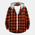 Front view of a men's orange and black hooded plaid shirt on a wooden hanger - S / Tops / Orange Red
