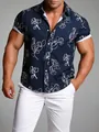 Chemise hawaïenne à manches courtes pour homme bleu marine avec imprimé floral blanc. - 3XL / Hauts / Style ligne blanc bleu marine (C248)