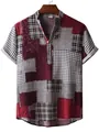 Men's patchwork plaid short sleeve linen shirt with burgundy and white patterns - M / Tops / Burgundy