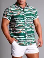 Chemise hawaïenne pour hommes avec imprimé vagues abstraites vertes élégantes - 3XL / Hauts / Vert Orange Blanc Vagues Abstraites (C242)