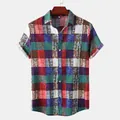Casual men's ethnic style short sleeve shirt featuring colorful patchwork plaid pattern - M / Tops / Green