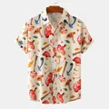 Detailed view of men's short sleeve shirt featuring colorful mushroom print on beige fabric. - 3XL / Tops / Colorful Mushroom Print