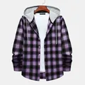 Detail view of a men's purple and black plaid hooded long-sleeve shirt - S / Tops / Purple