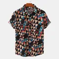 Front view detail of men's casual short sleeve shirt with geometric triangle print - 3XL / Tops / Blue (C172)