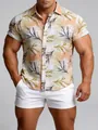 Chemise à manches courtes pour homme avec imprimé floral hawaïen et coupe ajustée slim - 3XL / Hauts / Feuilles Vert Clair Orange Clair (C276)