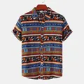 Detailed view of men's bohemian short sleeve shirt with elephant and stripe pattern - M / Tops / Ethnic Elephant Geometric Style (C160)