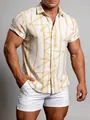 Chemise hawaïenne à manches courtes coupe ajustée pour homme avec motif abstrait jaune unique - 3XL / Hauts / Lignes Abstraites Jaune Pâle (C277)