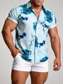 Chemise hawaïenne homme bleu clair à manches courtes avec imprimé bambou SKU variant - 3XL / Hauts / Encre De Bambou Bleu Clair (C264)