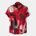 Front view of men's casual short-sleeve shirt featuring a vibrant abstract ethnic print - M / Tops / Red