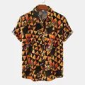 Casual men's short-sleeved beach shirt with vibrant orange geometric triangle pattern - 3XL / Tops / Orange (C172)