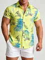 Chemise hawaïenne jaune pour homme à manches courtes avec imprimé pagode et grue - 3XL / Hauts / Pagode Grue Jaune Vif (C274)