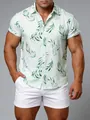 Chemise hawaïenne à manches courtes pour homme avec imprimé feuilles vertes sur fond blanc - 3XL / Hauts / Imprimé feuilles vertes sur fond blanc (C272)