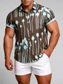 Chemise hawaïenne ajustée pour homme, imprimé floral menthe sur fond brun. - 3XL / Hauts / Imprimé fleurs bleues sur fond marron (C271)