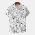 White men's short sleeve shirt with black botanical floral print on wooden hanger - M / Tops / White Base Black Botanical Print Style (C164)