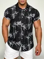 Chemise homme à manches courtes noire avec imprimé élégant de feuilles de bambou - 3XL / Hauts / Fond noir avec imprimé bambou blanc cassé (C2780)