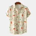 High-quality detail of men's short-sleeve casual shirt featuring a vibrant mushroom print - 3XL / Tops / Beige Mushroom Print