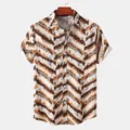 Ethnic style men's casual short sleeve shirt featuring wavy brown FASHION print pattern - M / Tops / Khaki