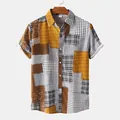 Camisa hawaiana de manga corta para hombre con un vibrante estampado de patchwork retro - 3XL / Tops / Amarillo (C113)