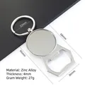 Detailweergave van de zinklegering flesopener sleutelhanger met afmetingen. - K8 (Dikke Ronde Stijl)