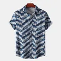 Men's casual short sleeve button down shirt with blue camouflage pattern and fashion print - M / Tops / Blue