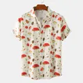 Detail view of men's short-sleeved casual shirt with vibrant mushroom and pinecone print - Forest Mushroom Print