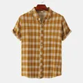 Men's casual yellow grid short sleeve shirt with button-down collar and texture - M / Tops / Ginger White Plaid Style (C159)