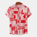 Close-up detail of a men's short-sleeved casual beach shirt with red geometric patterns - 3XL / Tops / Red (C170)