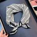 Elegant black and white geometric silk cotton square neckerchief tied in a knot - Black White Geometric Stripe Style (White Stripe#05)