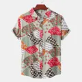 Détail d'une chemise de plage à manches courtes pour homme avec imprimés patchwork - 3XL / Hauts / Rouge