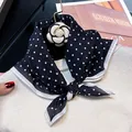 Vintage black and white polka dot silk cotton neck scarf with camellia flower accessory - Black White Polka Dot with Camellia Style (Black Polka Dot#09)