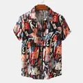 Casual men's short-sleeved shirt featuring abstract number and letter print pattern - 3XL / Tops / Blue Patchwork Print
