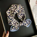 Vintage floral print mulberry silk organic cotton small square scarf for women in blue - Navy Beige Floral Silhouette Style (Z7-008-Blue)