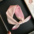 Elegant pink polka dot and gingham check silk cotton neck scarf for women fashion accessory - Pink White Polka Dot Plaid Patchwork Style (Z7-004-Pink)