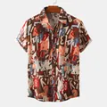 Detail view of men's casual short sleeve shirt with abstract letter and number print - Red Vintage Print