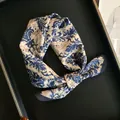 Vintage style small square silk cotton scarf with blue floral patterns on black tray. - Navy Vintage Floral Style (Z7-011-Navy)