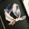 Elegant navy blue and beige floral print silk-cotton blend square scarf for women fashion - Navy Beige Ginkgo Floral Style (Z7-013-Blue)