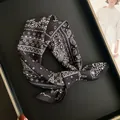 Elegant black and white paisley silk-cotton blend small square scarf for women's fashion - Black White Artistic Paisley Geometric Style (Z7-012-Black)