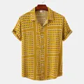Detailed view of men's short sleeve button-up shirt with yellow floral tile pattern - M / Tops / Bright Yellow Base Geometric Floral Style (C156)